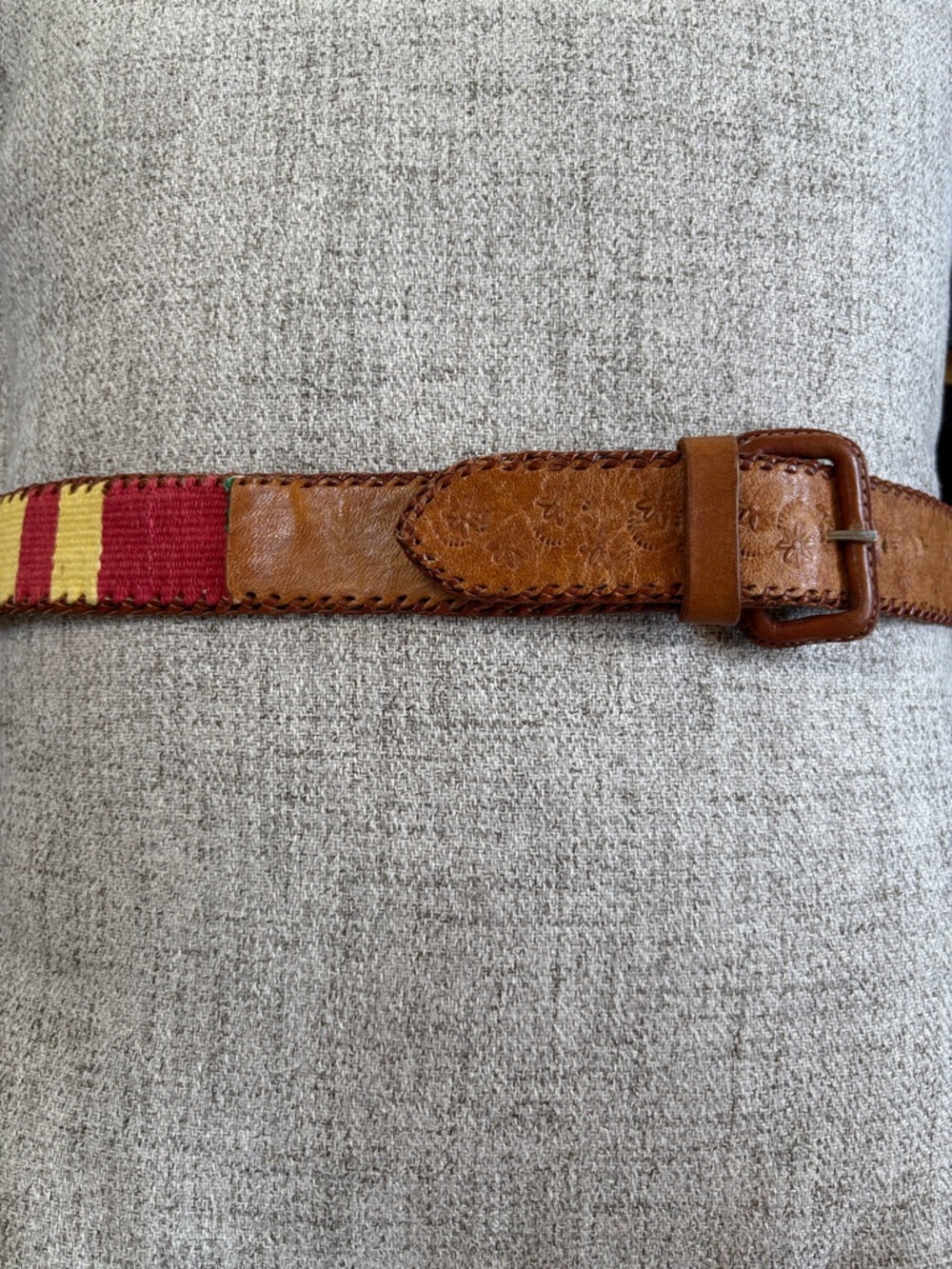 Las Manos Handmade Bohemian Tan Leather Belt with Multicolor Webbing
